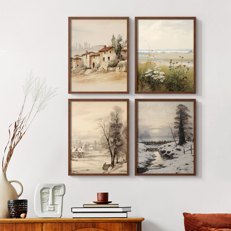 "Paysage rétro", 4 pièces sur papier, Noyer, H 14 po x l 11 po