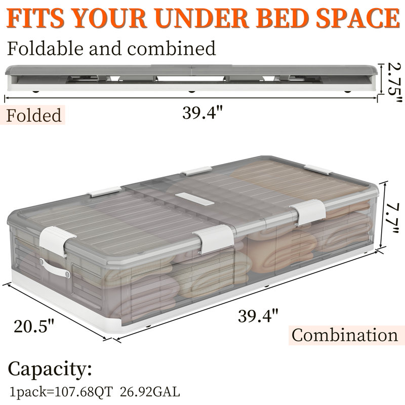 Ensemble de 2 bacs de rangement sous le lit avec rangement empilable sous le lit de 9,25 po de hauteur, Noir, 185 pte
