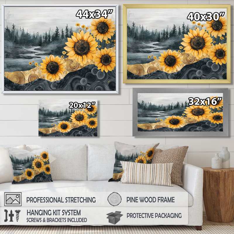 «Dormendo Sunflowers Landscape Into A Crystal Winter Landscape III», art mural toile, H 24 po x l 32 po, Crème, crème