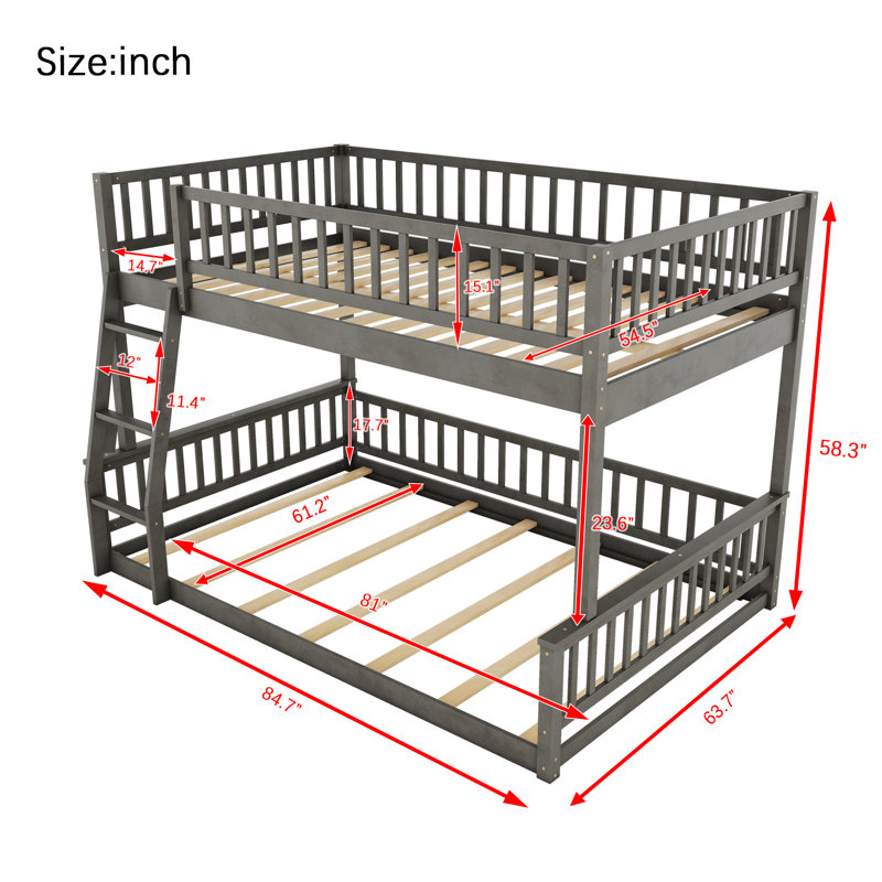 Full XL Over Queen Bunk Bed With Ladder And Guardrails, Gray