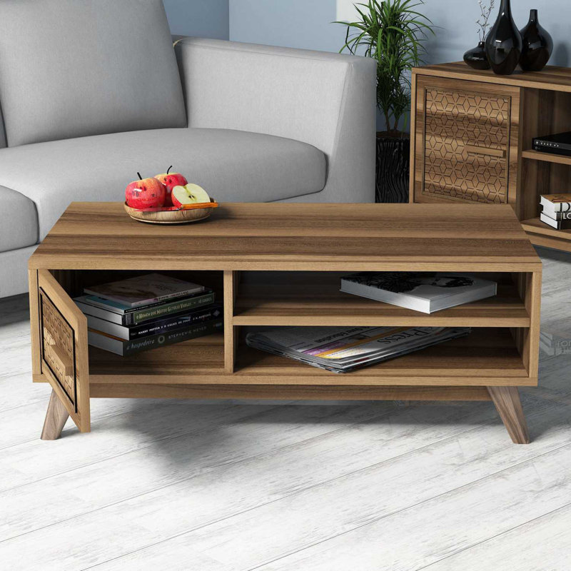 Modern Coffee Table with Numerous Shelves, Walnut Finish, 41.3 x 15.0 x 23.0 inches | 100% Melamine Coated Particle Board, Thickness: 0.7 inches | Geometric Design Perfect for Contemporary Living Rooms