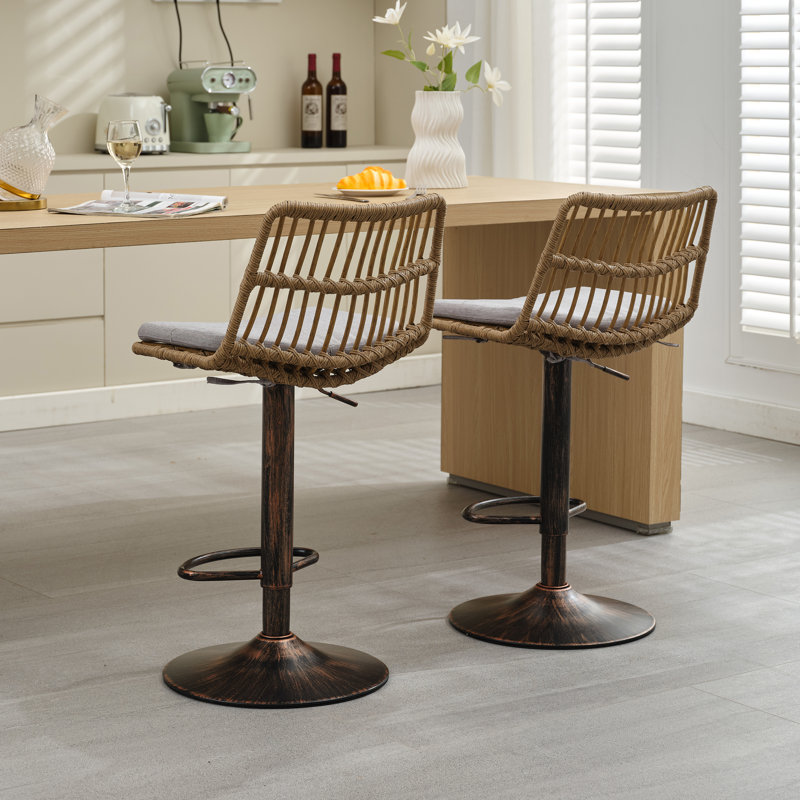 Modern Fabric Upholstered Height Adjustable Rattan Swivel Barstools With Vintage Round Base, Set Of 2