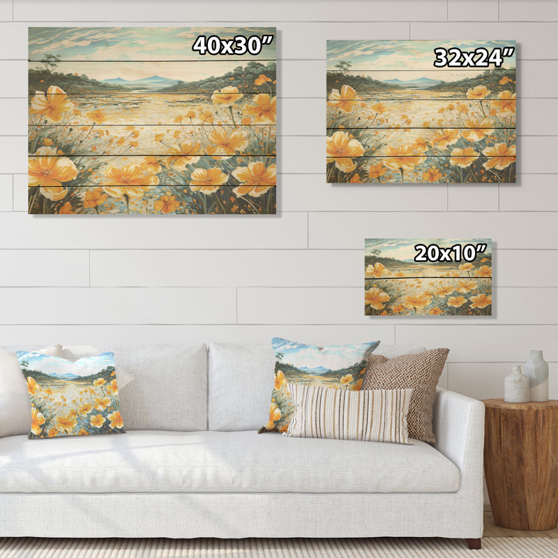 Jaune, souci jaune liquide, champ de fleurs - champ de fleurs, art mural sur bois de pin naturel, H 10 po x l 20 po