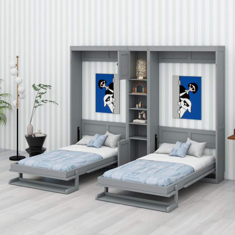 Deux lits escamotables doubles avec armoires et tablettes, gris