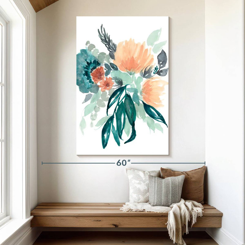 Bouquet Harnek bleu sarcelle et pêche I, H 51 po x l 34 po
