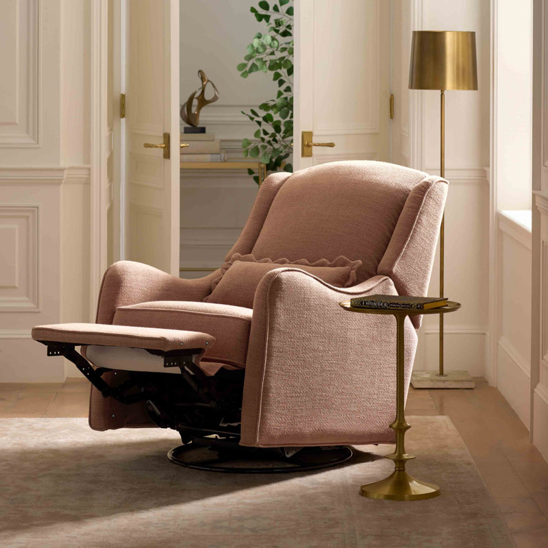 Performance Dusty Rose Eco-Basketweave Swivel Recliner with Wood Base