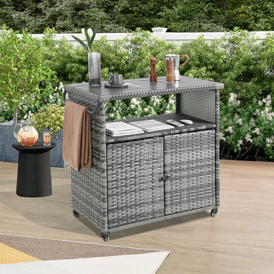 Outdoor Wicker Bar Cart With Wheels, Weather-Resistant Patio Beverage Serving Station For Garden And Poolside Entertaining
