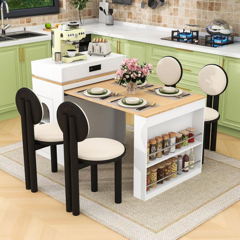 Extendable Kitchen Island Dining Table with Folding Top, Power Outlet, Drawers and Hidden Casters, Creamy White