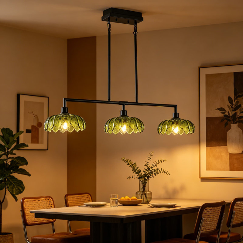 Lustre linéaire noir de 42 pouces avec abat-jour en verre vert, luminaire suspendu 3 lumières pour îlot de cuisine, hauteur réglable