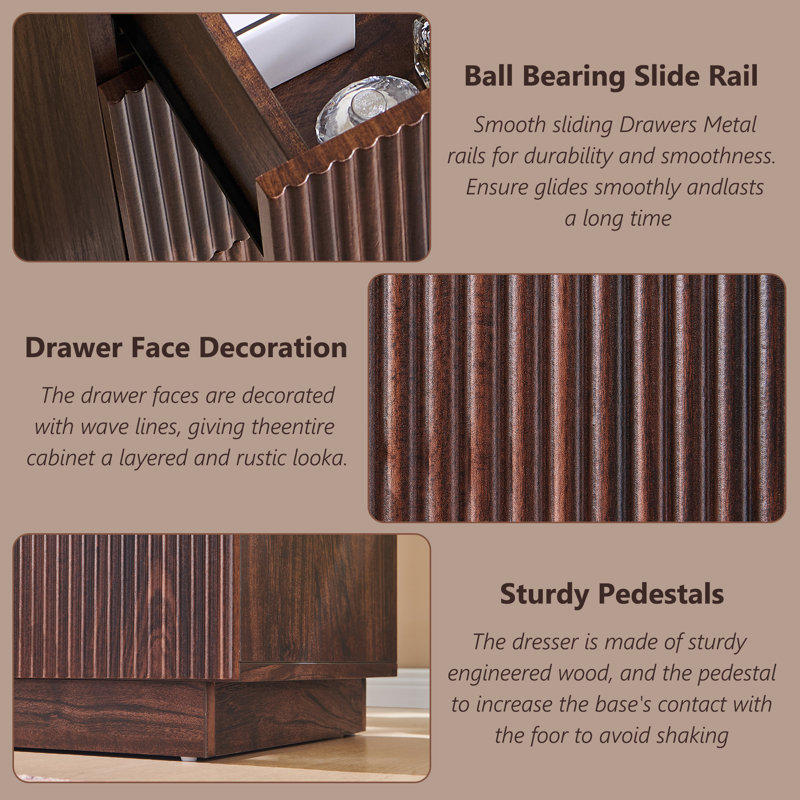 Aberdeen Fluted 5-Drawer Dresser, 45" Tall Dresser Storage Organizer, Chest of Drawers with Deep Storage, Modern Bedroom Chest for Closet Hallway, Entryway, Living Room, Brown