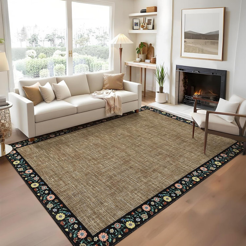Modern Bordered Runner Rug 2x6 – Washable Non-Slip Low-Pile Carpet for Hallway, Kitchen, Bedroom, Bathroom, or Laundry Room, Soft Floral Print, Beige