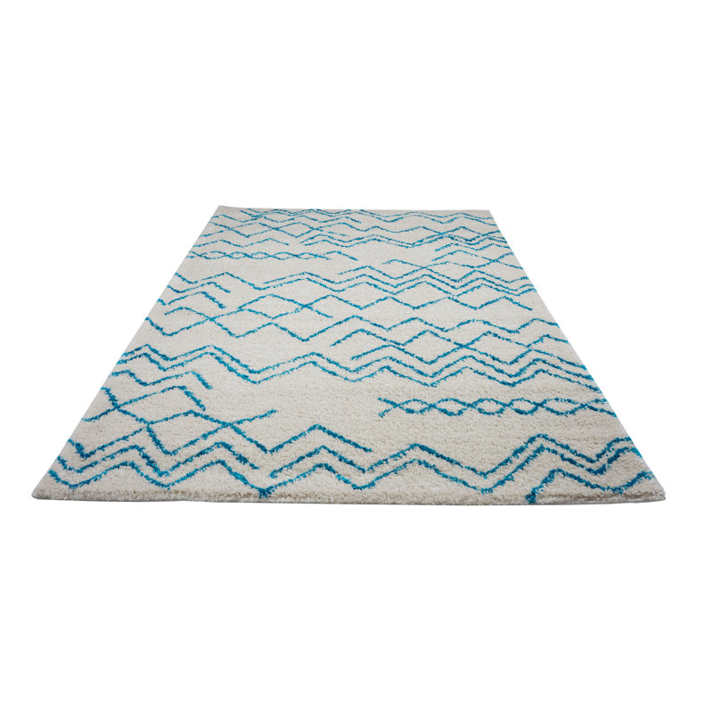 Chevron ivoire/tapis décoratif turquoise Jacoby, Rectangle 6 pi 5 po x 9 pi 5 po