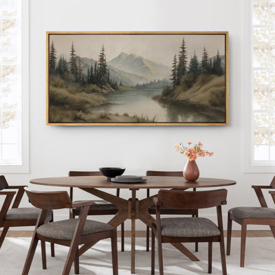 Misty Mountain Lake with Pine Forest - Pictures Extra Large Framed Canvas Print Wall Art