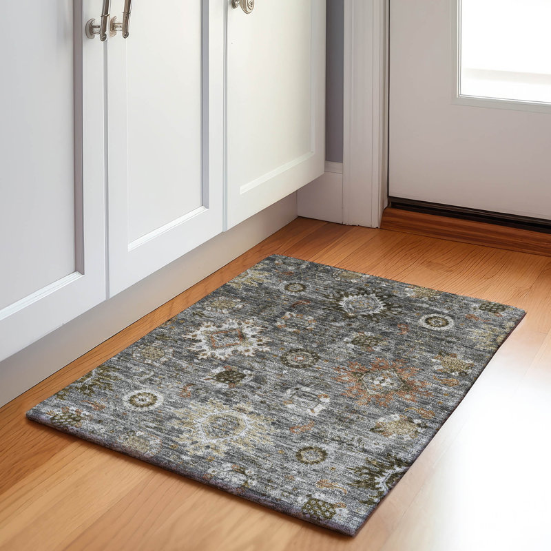 Machine Washable Indoor/Outdoor Xhevrie Pewter Rug, Rectangle 1'8" x 2'6"