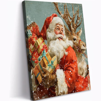 Large Abiella - Père Noël et renne, scène d'hiver avec peinture, impressions sur toile rétro, affiche prête à accrocher, décoration murale de Noël pour le salon, la cuisine, la salle de bain, 36 po x 48 po