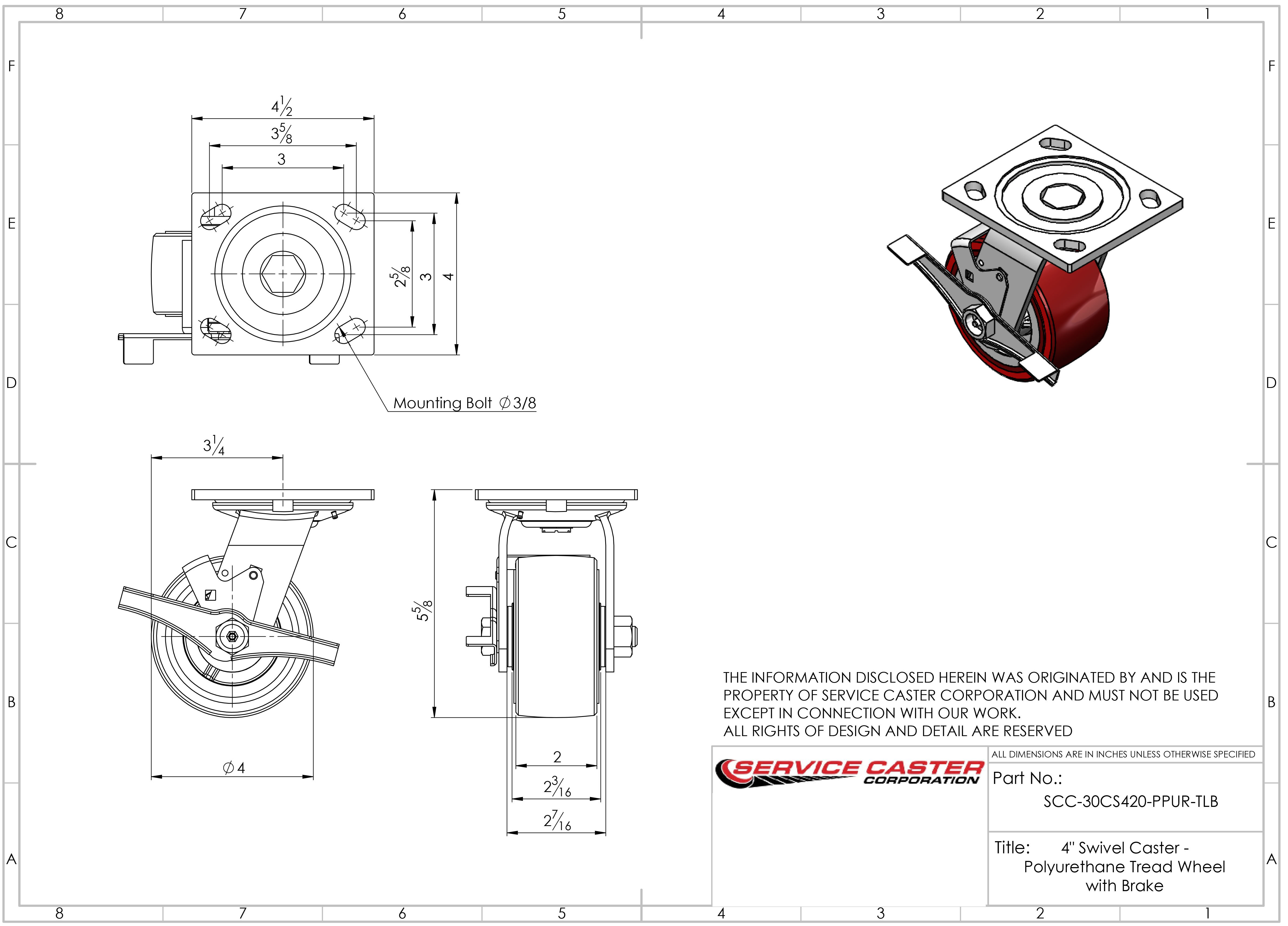 Service Caster Tool Box Caster Wheel Set – 4 Inch Maroon Polyurethane ...