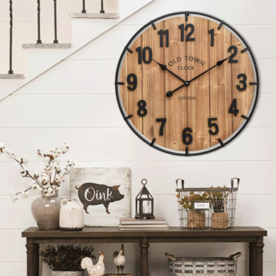 24" Oversized Industrial Metal Wood Wall Clock, Rustic Silent Round Timepiece