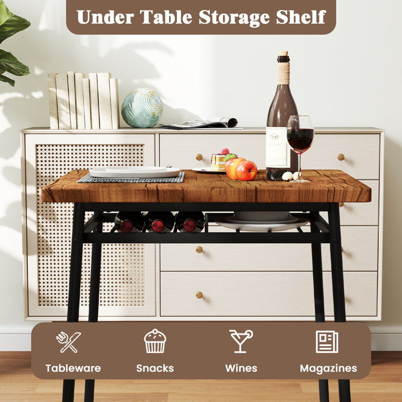 3-Piece Wood Square Kitchen Table & Chair Set w/ Metal Frame Storage Rack