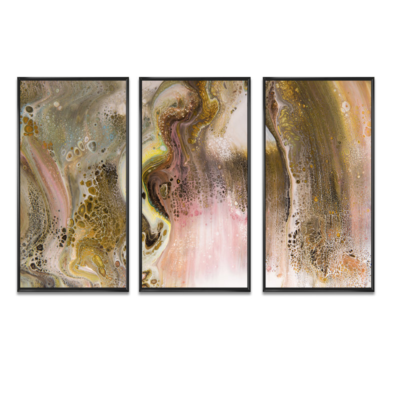 Abstrait brun, taches et rayures dorées - impression sur toile flottante 3 pièces, H 28 po x l 36 po x P 1 po, Cadre noir
