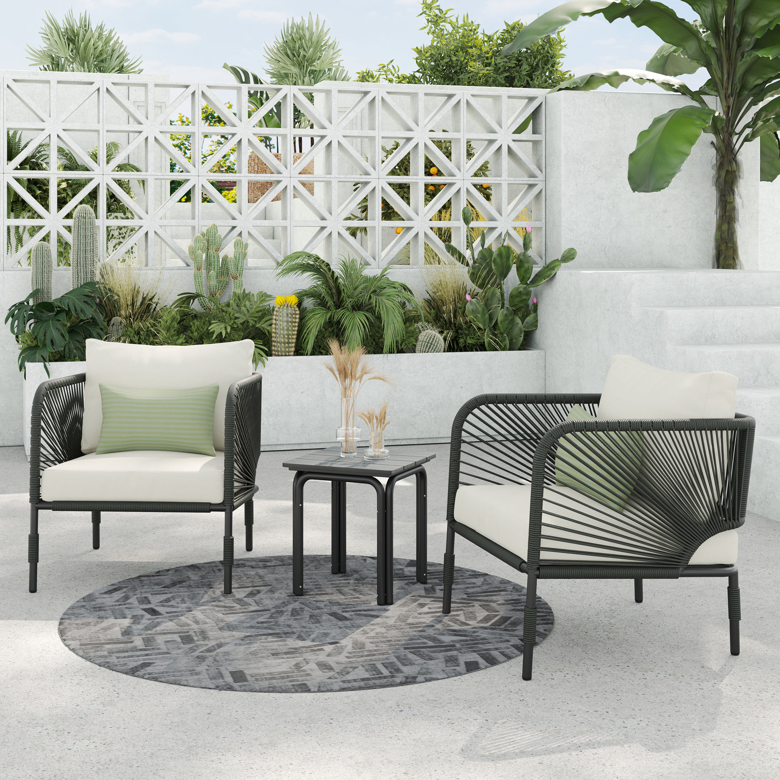 Acklin 300 - Person Patio Conversation Set with Cushions, White, Green