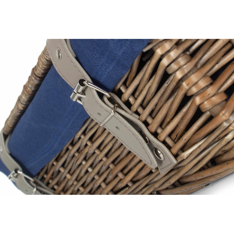 14 Inch Empty Wicker Hamper Basket - with Lining, Antique Wash/Navy Blue