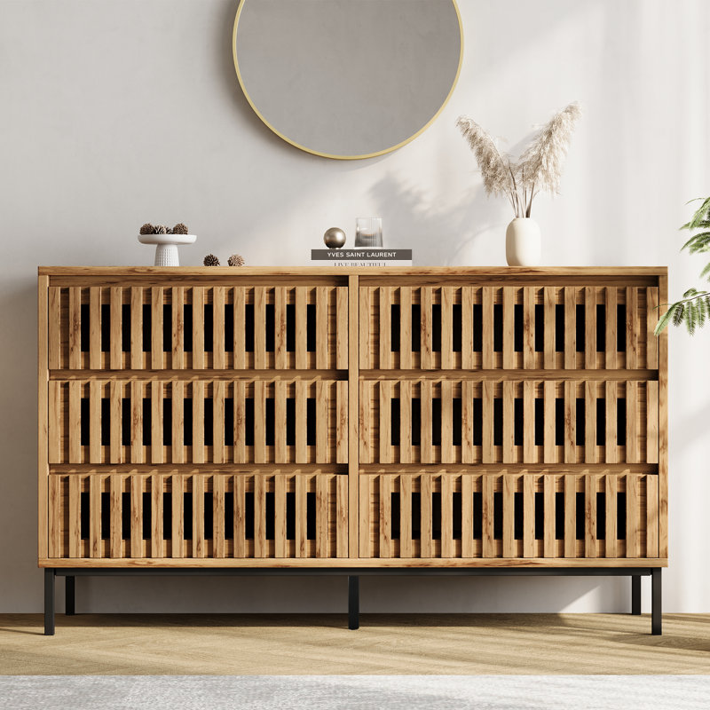 Jaxenor Wood Sideboard with 6 Drawers, Openwork Design, Ventilated Storage Cabinet, 5 Support Legs, Kitchen Cupboard for Bedroom & Living Room, 120 x 40 x 81 cm