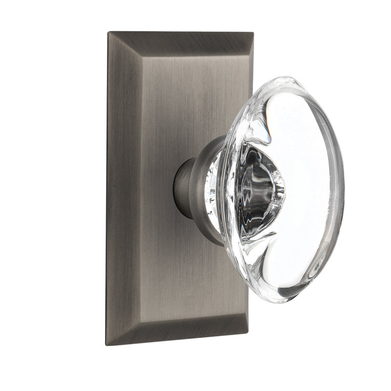 Studio Plate with Oval Clear Crystal Door Knob, Antique Pewter