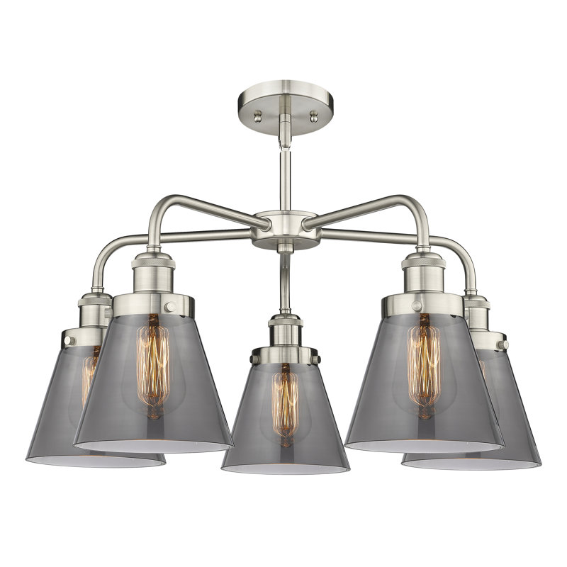 Cone 5 Light Stem Hung Chandelier, Plated Smoke, Satin Nickel