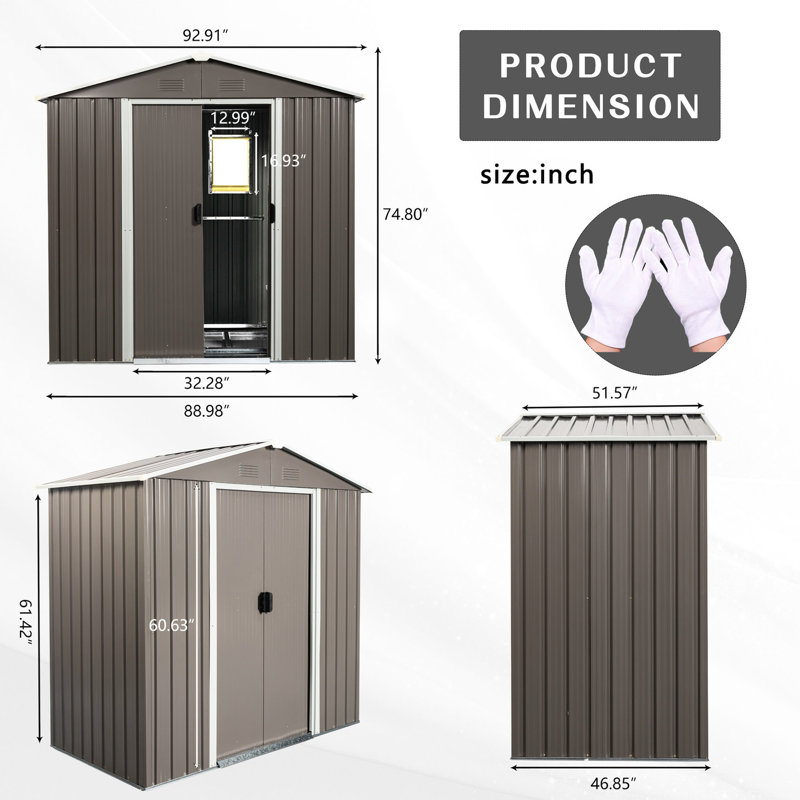 8ft X 4ft Outdoor Metal Shed With Punched Vents, Foundation & Shelf Kit Hooks Storage Galvanized Steel Padlockable Sliding Access - Gray