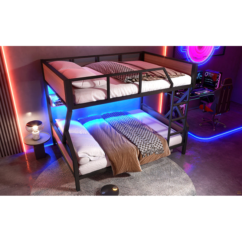 Lit superposé double au-dessus de double, lit superposé en métal avec tablettes de rangement et lumières, Full