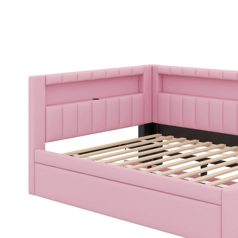 Full Platform Bed With USB Ports, LED Belt And Trundle, Pink