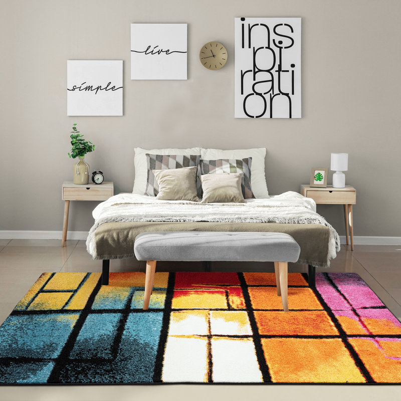 Tapis géométrique bleu / jaune / orange Alaysa, Rectangle 8 pi x 10 pi