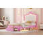 Structure de lit simple tapissier avec lumières DEL, lit princesse rembourré moderne avec tête de lit couronne, tiroir, rose et blanc