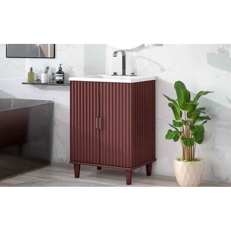 Meuble-lavabo 24 po avec lavabo, meuble-lavabo 24 po avec 2 portes et tablettes réglables, Cerisier