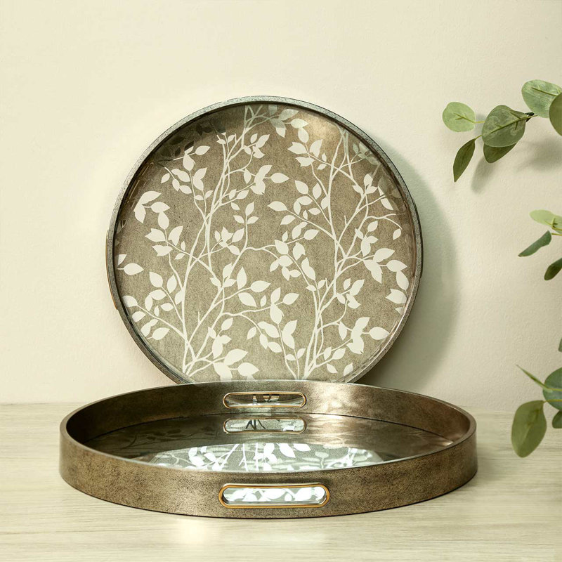 Aleanna 2 piece Decoration Tray for Living Room Decor, Champagne Plastic Mirror Round Serving Tray