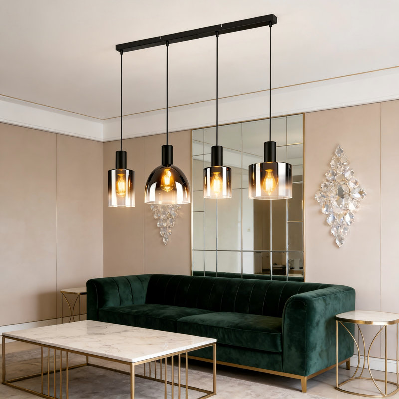 Pendant Light 4- Lights E27 Glass Chandelier with 4 Different shade Height Adjustable