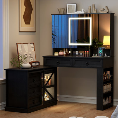 39" Oversized Makeup Mirror Vanity Table - Large Storage Side Cabinet With Tri-Color LED Smart Power Outlet