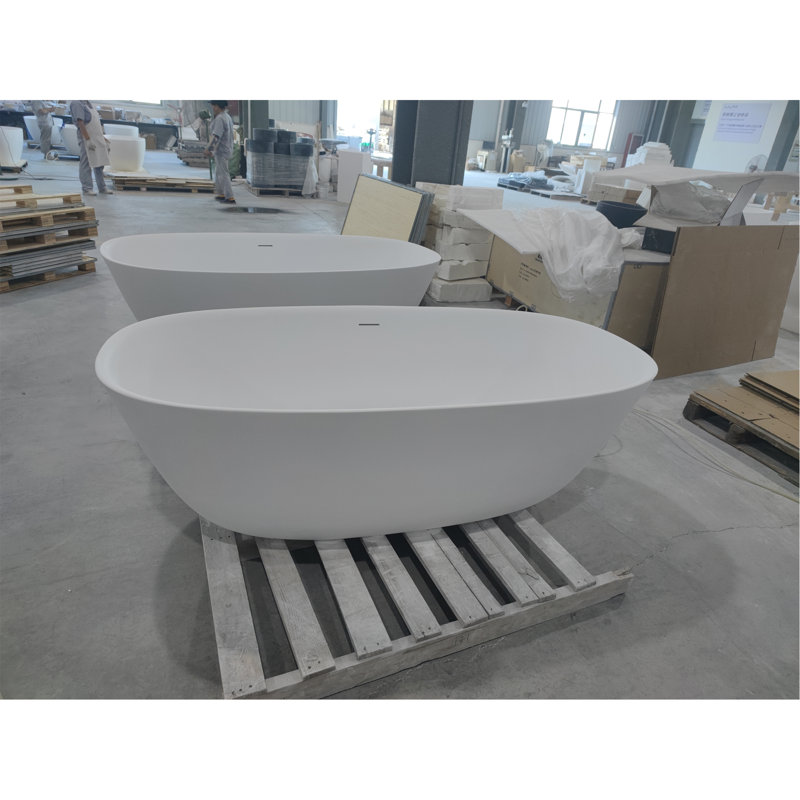 67″Solid Surface Matte Tub, Solid Surface Soaking Tub, Stone Resin Freestanding Bathtub, Thick Edge Stand Alone Tubs With Overflow, Pop-Up Drain, Matte White (Oval)