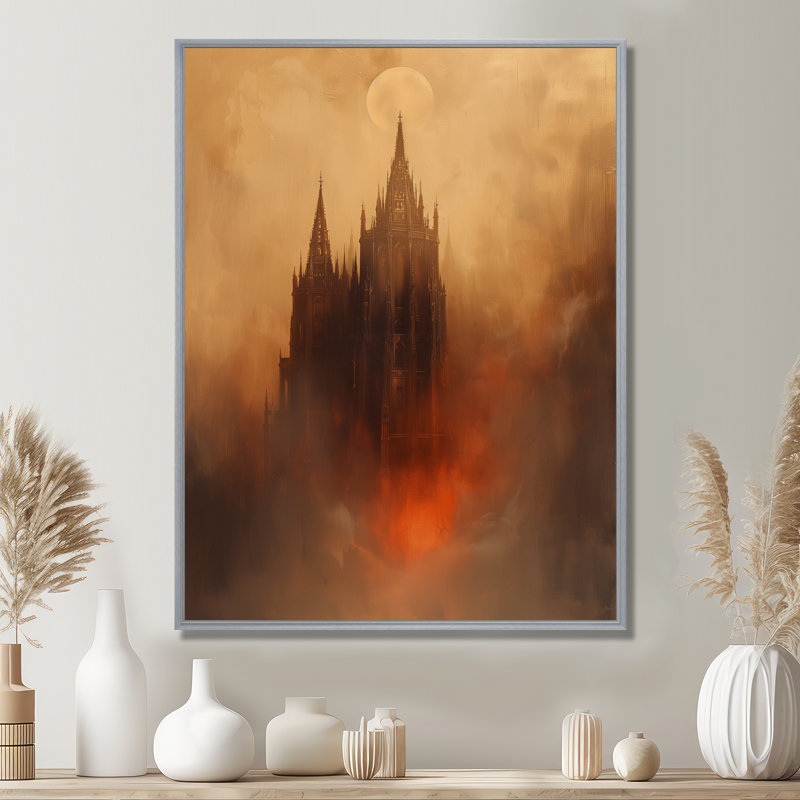 «Grey Orange Winter Mystic Moon On Dracula Caslte», art mural châteaux, Sans cadre, métal, H 24 po x l 32 po