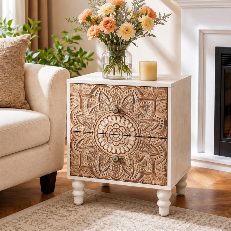 18“ Carved Wooden Nightstand with Two Drawers, Individual