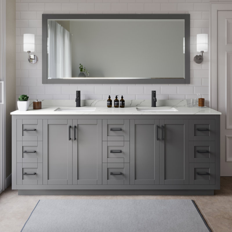 Meuble-lavabo double autoportant de 84 po avec plateau en quartz Miranda, Giotto Quartz, Gris foncé, Noir mat