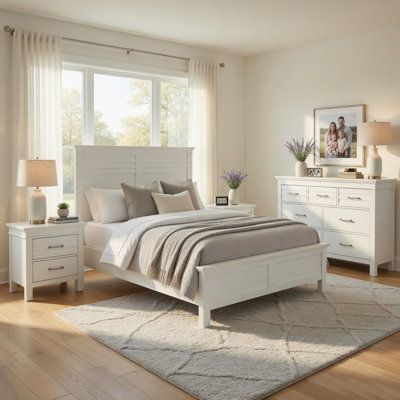 Ensemble de chambre à coucher grand lit, rangement de tiroir, blanc, ensemble de 4 pièces avec 2 tables de chevet et commode