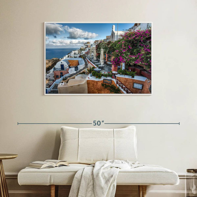 Bougainvilliers et cafés à Oia Santorini, 40 po x 27 po, Cadre flottant blanc