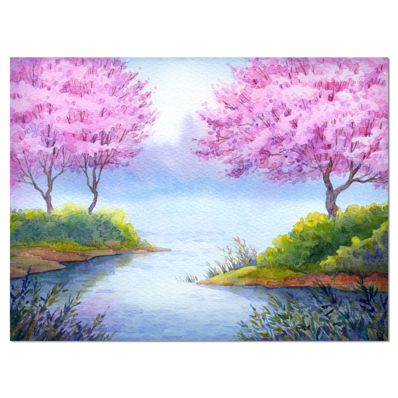 « fleuring trees over lake landscape », reproduction d’art sur toile tendue, H 30 po x l 40 po x P 1 po