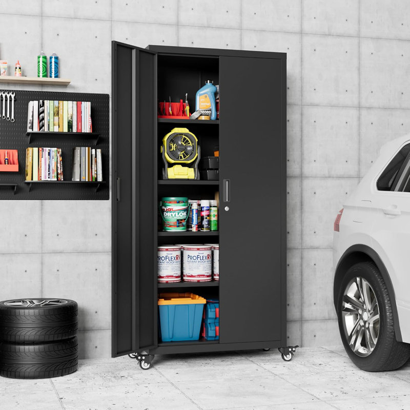 73''H Garage Storage Cabinet With Wheels,Steel Cabinets With 2 Doors And 4 Adjustable Shelves For Home Office,Assembly Required,Black