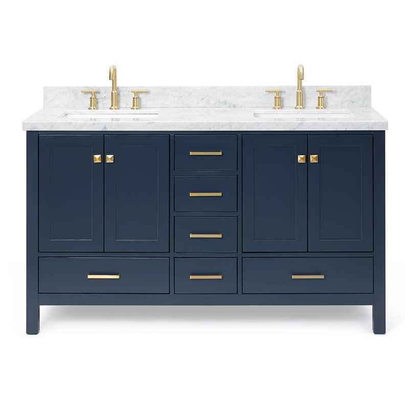 Cambridge 61'' Double Bathroom Vanity with Carrara Marble Top, Midnight Blue / Satin Brass, Rectangular