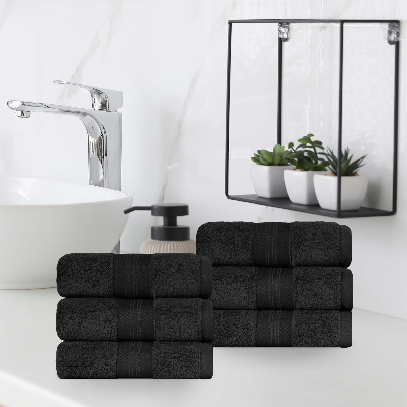 Finnian Turkish Cotton Bath Towel, Black, Hand Towels - 6 Pack