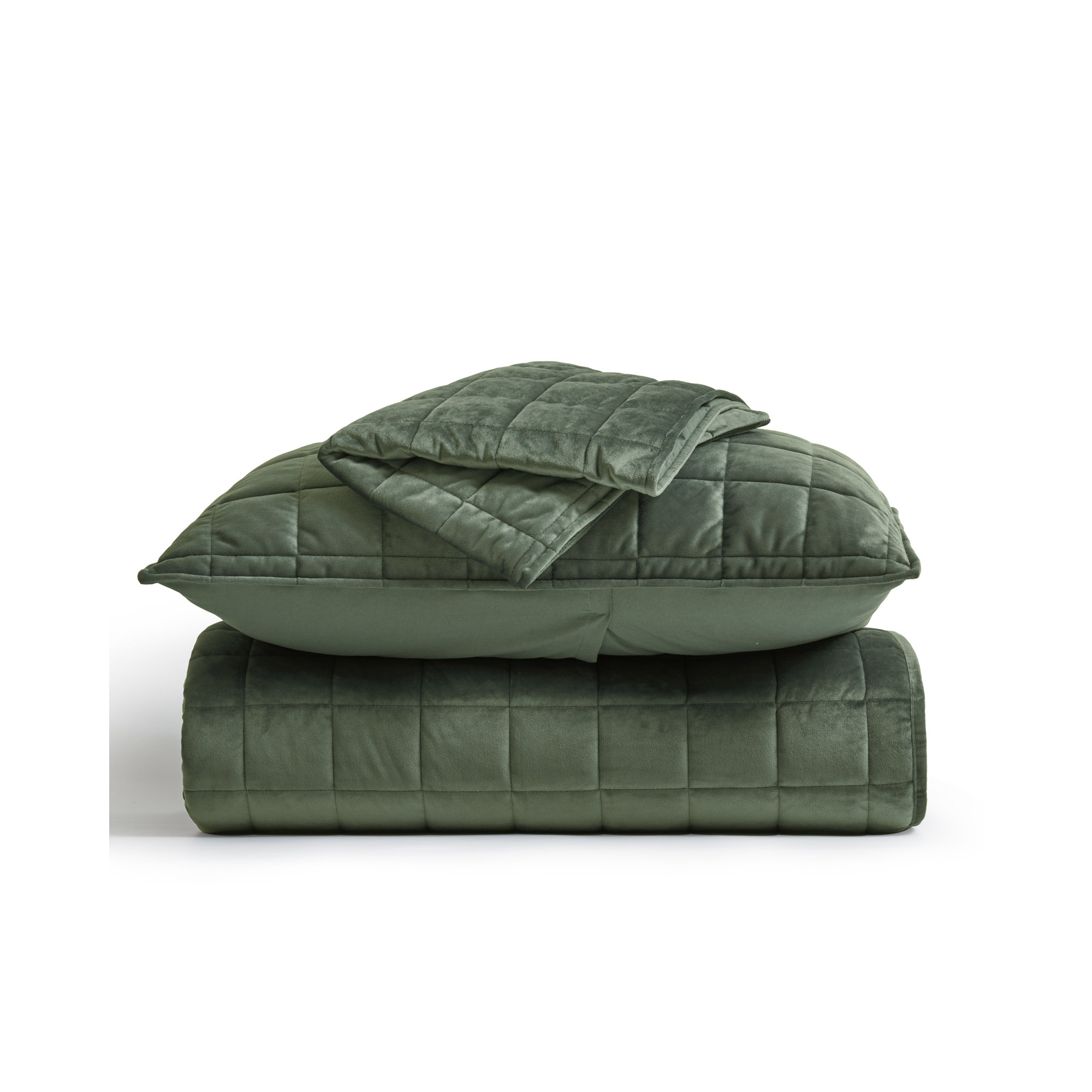 Box Stitch PearlVelvet Quilt set, Olive Green, King Quilt + 2 King Shams