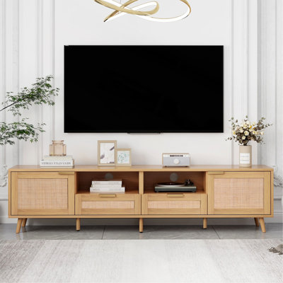 Rattan TV Stand for TVs up to 85'', Modern Farmhouse Media Console, Entertainment Center with Solid Wood Legs, TV Cabinet for Living Room,Home Theatre