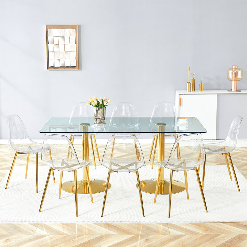 Ensemble de table et de chaises en verre trempé de 71 po x 35,4 po avec chaises en plastique pour une expérience confortable à la maison